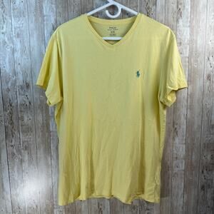 Polo Ralph Lauren T Shirt Mens M Yellow Pale Blue Pony V-Neck Short Sleeve